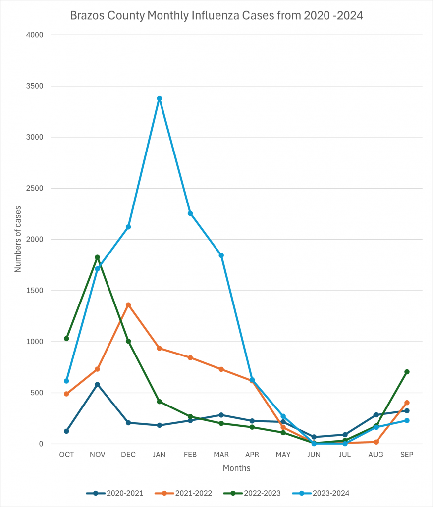Brazos County Monthly Influenza Cases from 2020 - 2024: The line graph shows the number of influenza cases reported each year from 2020 to 2024. It clearly illustrates how case numbers have risen/varied over time, helping to understand overall trends in flu activity. In the past five seasons Influenza cases were lowest during the 2020-2021 season (when respiratory preventive measures were observed strictly).