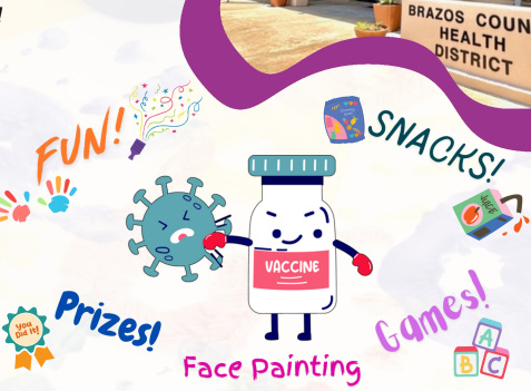 Kindergarten Vaccine event promotional image of cartoon vaccines defeating germs.