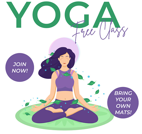 Illustration of a woman relaxing while doing yogo - free yogo class offered at the Brazos County Health District.
